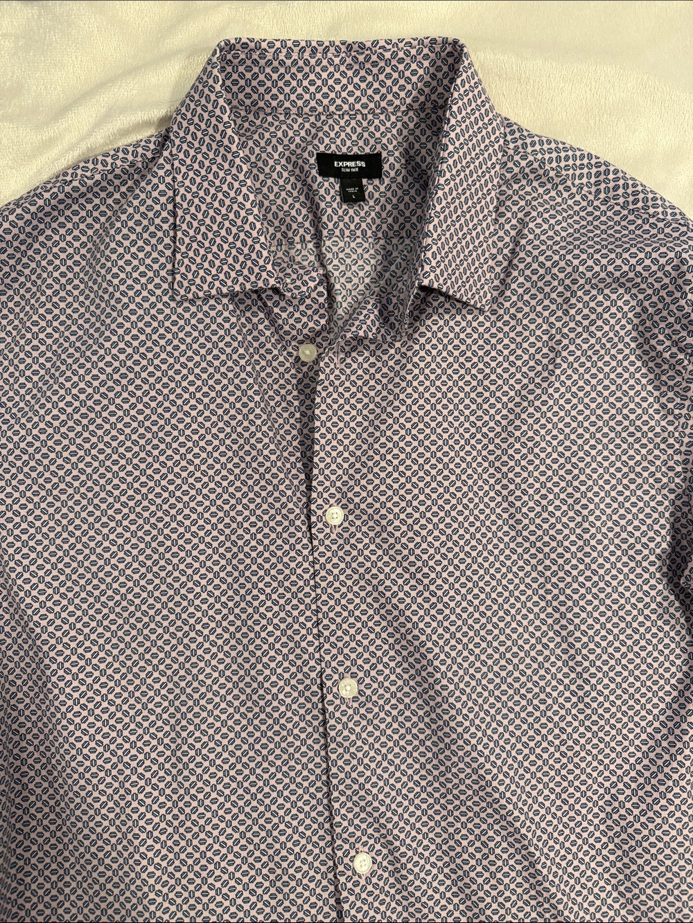 Express Men's Pink and Navy Geometric Button-Down Shirt - Large Slim Fit